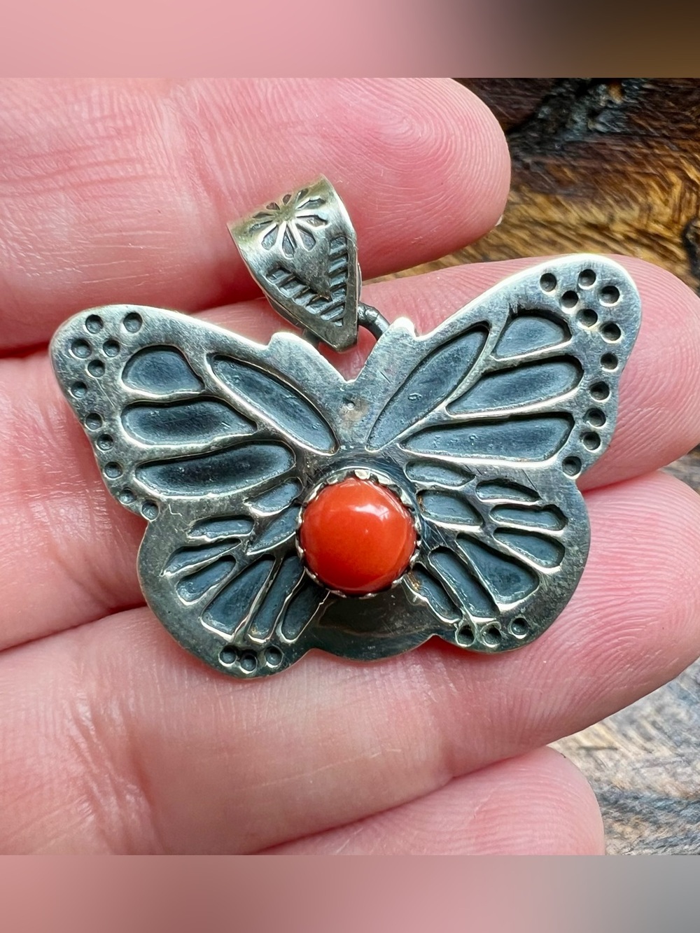 925 Sterling Silver Red Coral Butterfly Pendant Southwestern - Picture 6 of 12